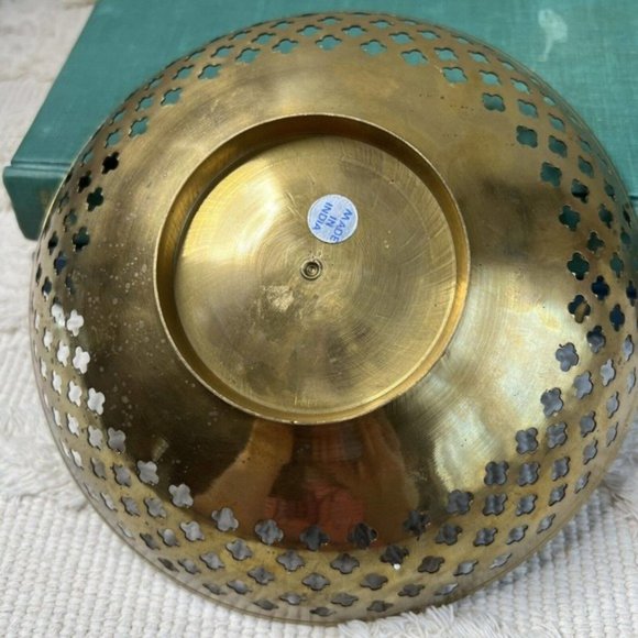 Vintage Cut Out Pierced Brass Bowl Enamel Boho Patina Distressed Made India - Picture 5 of 12